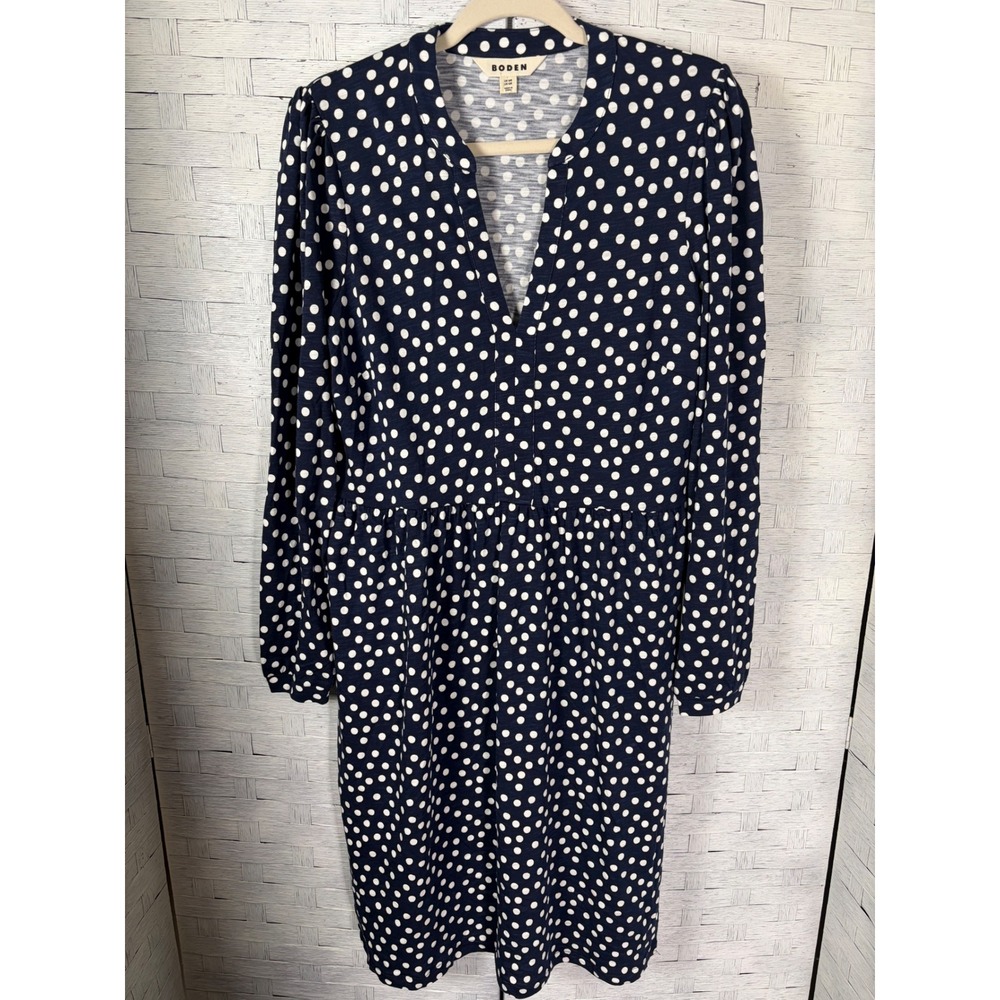 Boden Womens Dress Midi Navy Blue Polka Dot Cotton Modal Jersey V-Neck Pocket